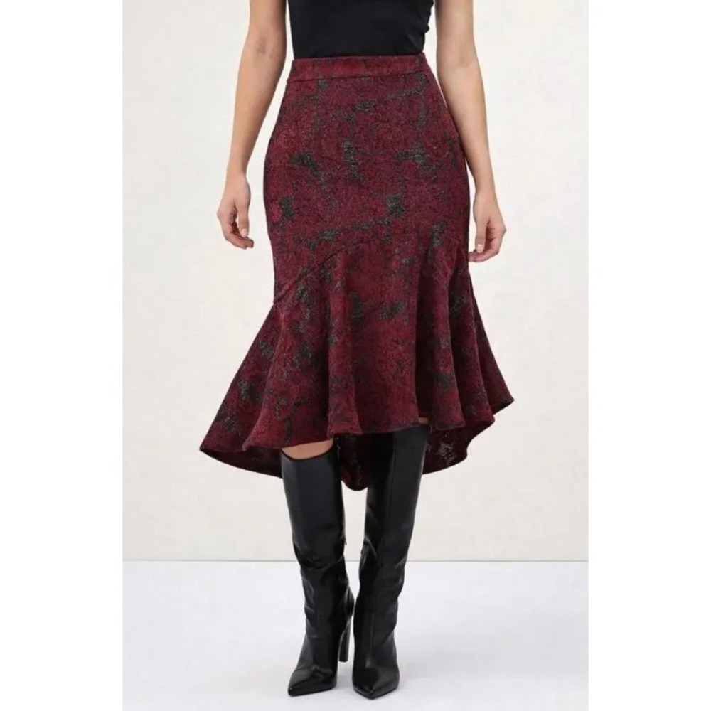 NEW Rachel Parcell Deep Red Metallic Floral Jacquard Fit & Flare Mermaid Skirt 4